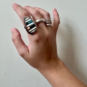 Mother of Pearl, Coral, and Turquoise sterling silver ring
